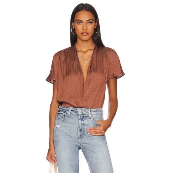 PAIGE Bronze Dust Solid Dijon Surplice Short Sleeve Bodysuit Women's Size Large - Picture 1 of 8